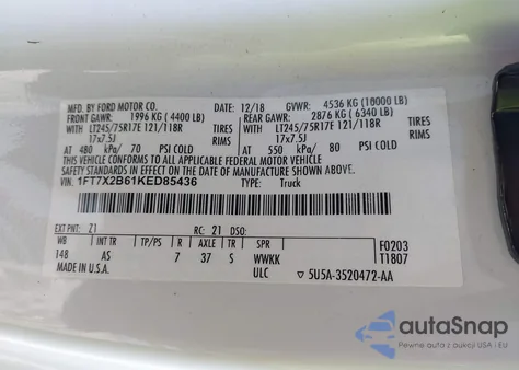 2019 Ford F-250 Xl из США, поврежденный, VIN 1FT7X2B61KED85436